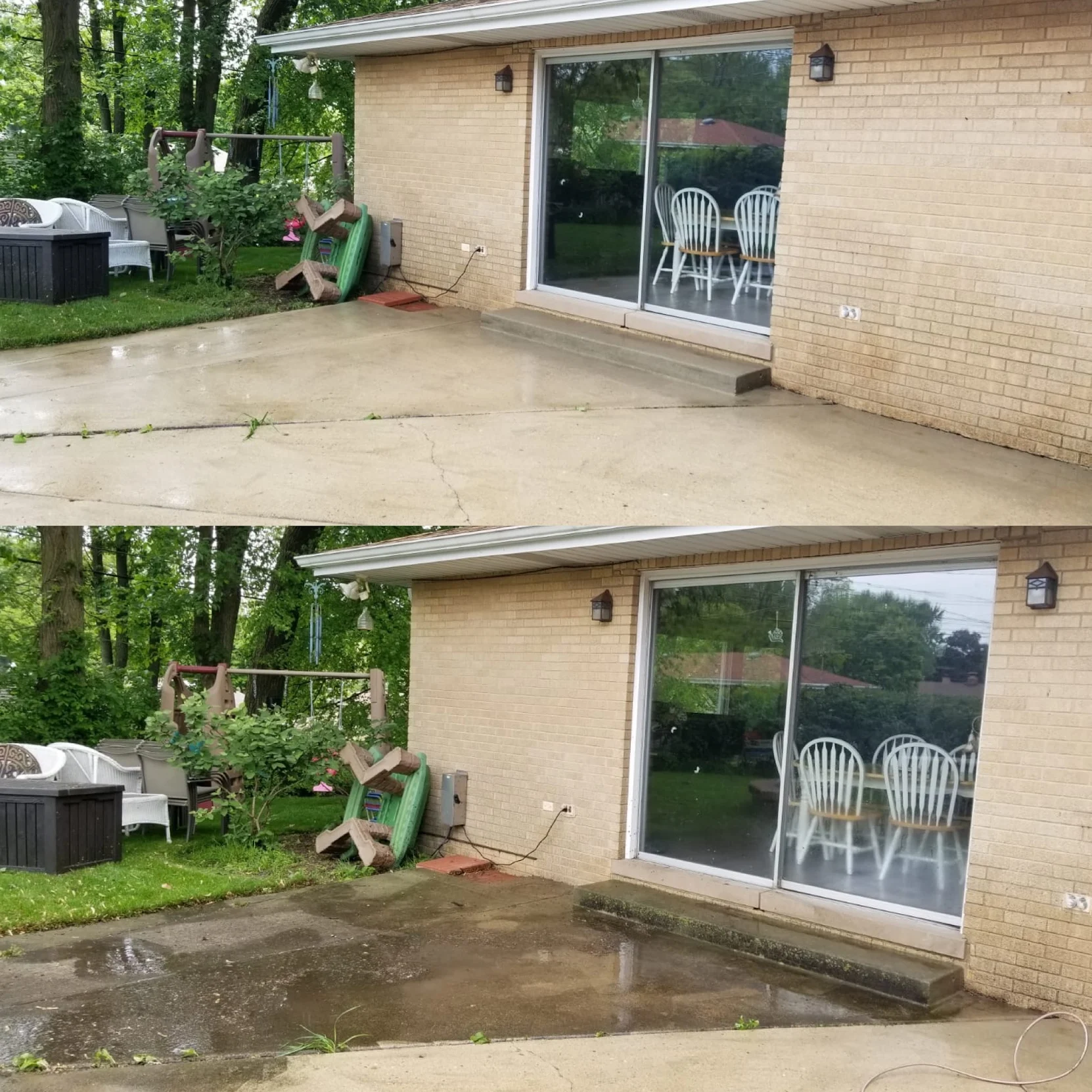 Before and after concrete patio cleaning in Champaign County — stained slab restored with surface-cleaner pressure washing